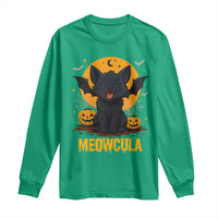 Black Cat Halloween Long Sleeve Shirt Meowcula Cute Smilling With Bat - Wonder Print Shop