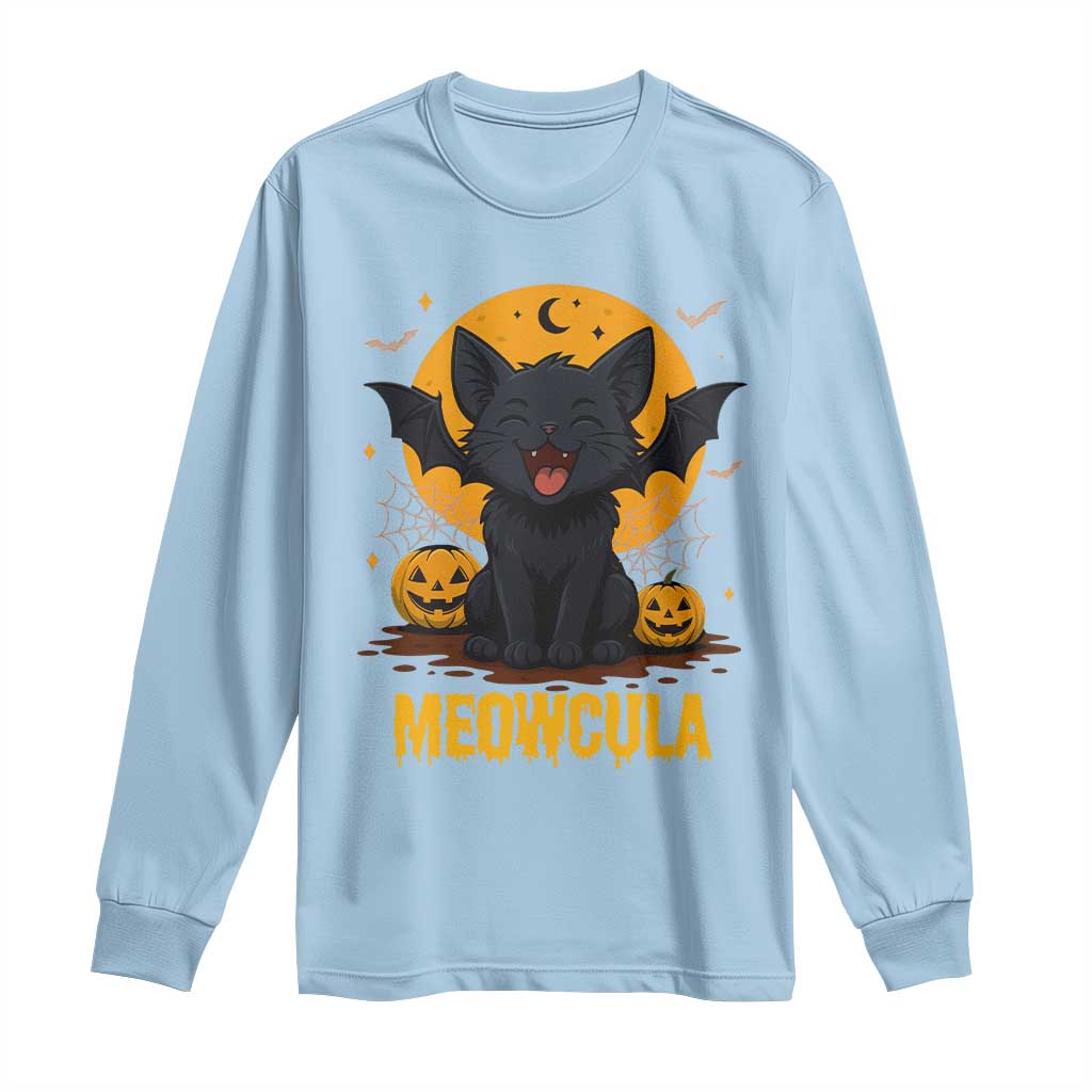 Black Cat Halloween Long Sleeve Shirt Meowcula Cute Smilling With Bat - Wonder Print Shop