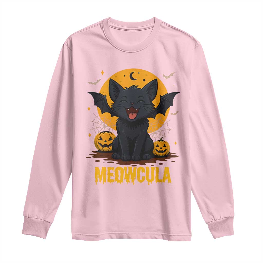 Black Cat Halloween Long Sleeve Shirt Meowcula Cute Smilling With Bat - Wonder Print Shop