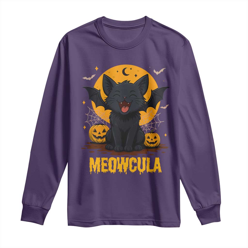 Black Cat Halloween Long Sleeve Shirt Meowcula Cute Smilling With Bat - Wonder Print Shop