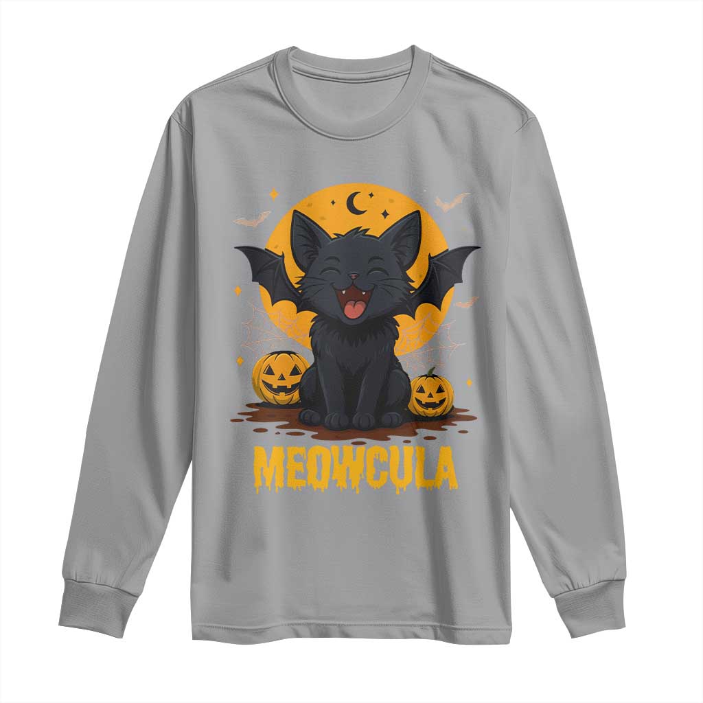 Black Cat Halloween Long Sleeve Shirt Meowcula Cute Smilling With Bat - Wonder Print Shop