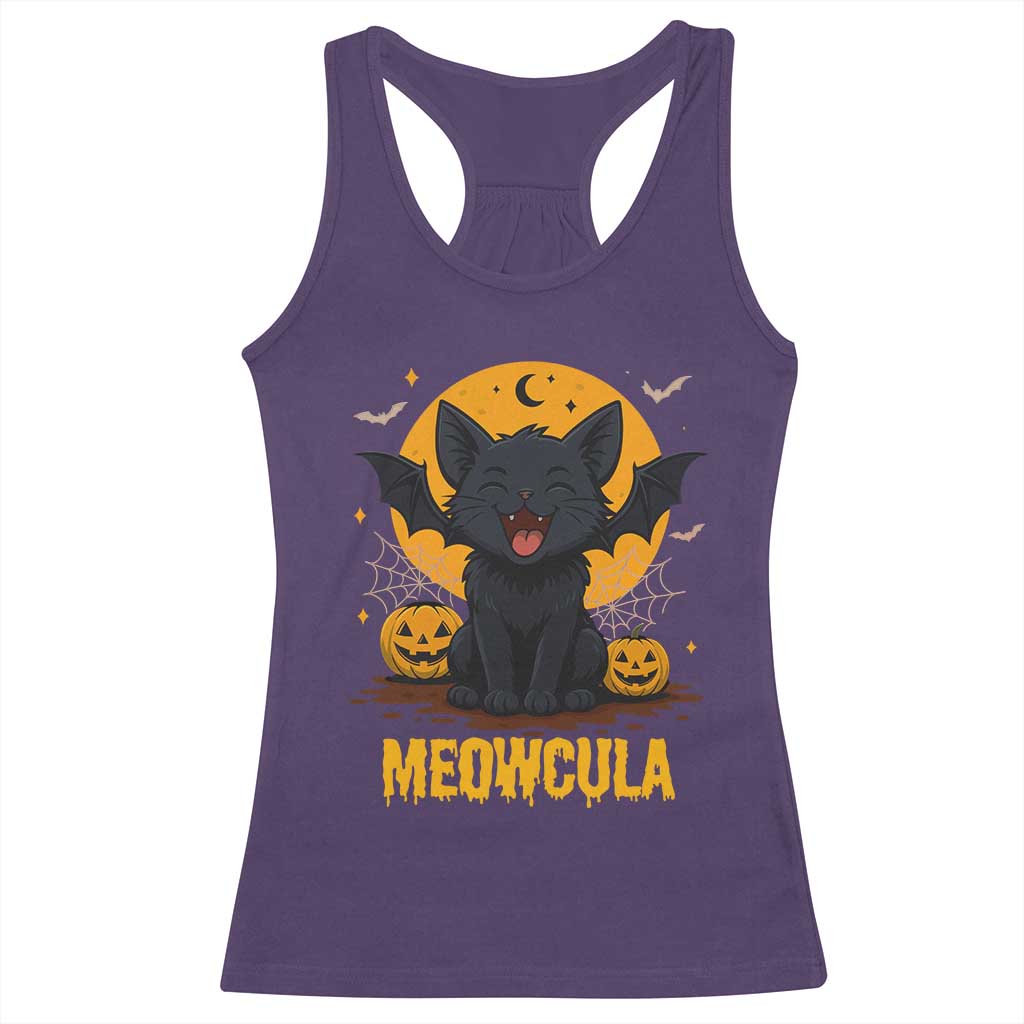Black Cat Halloween Racerback Tank Top Meowcula Cute Smilling With Bat - Wonder Print Shop