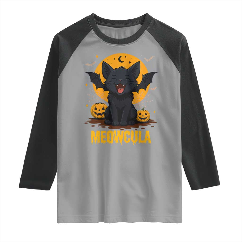 Black Cat Halloween Raglan Shirt Meowcula Cute Smilling With Bat - Wonder Print Shop