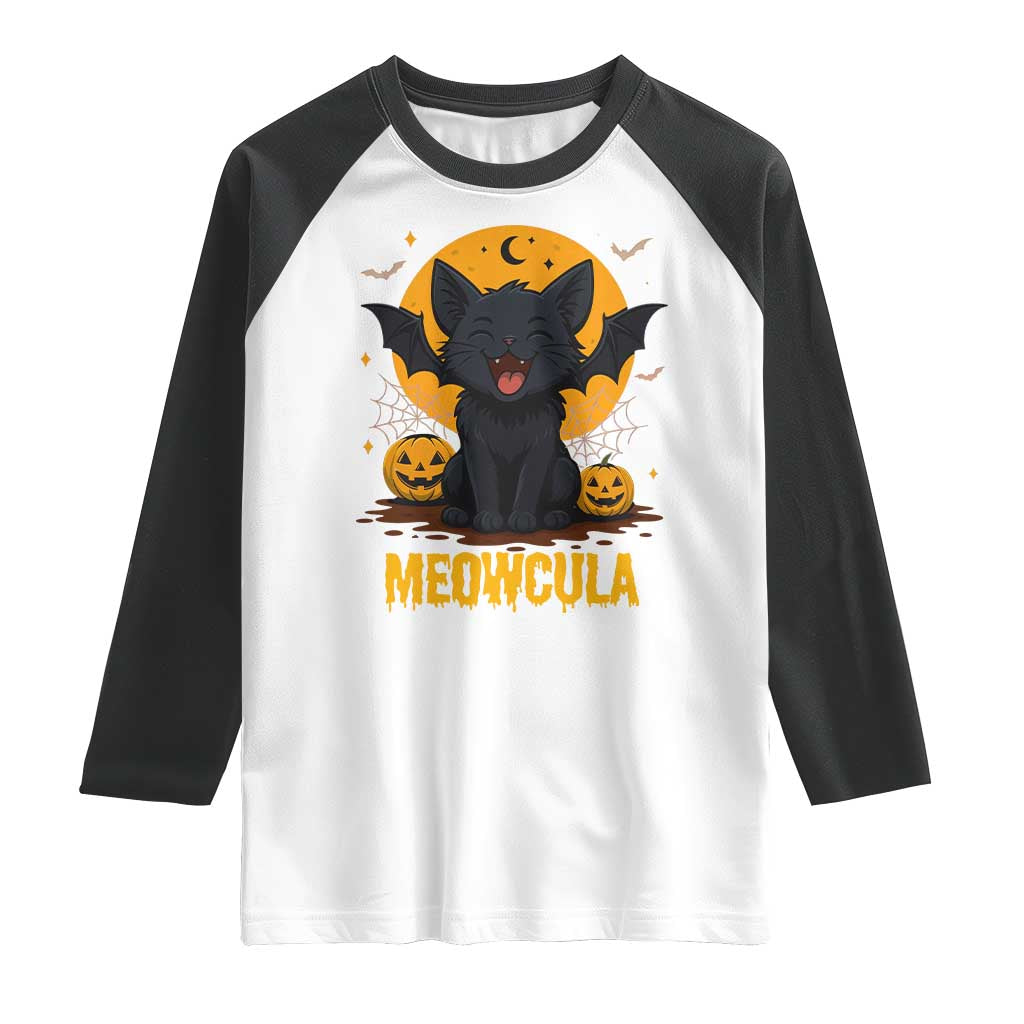 Black Cat Halloween Raglan Shirt Meowcula Cute Smilling With Bat - Wonder Print Shop