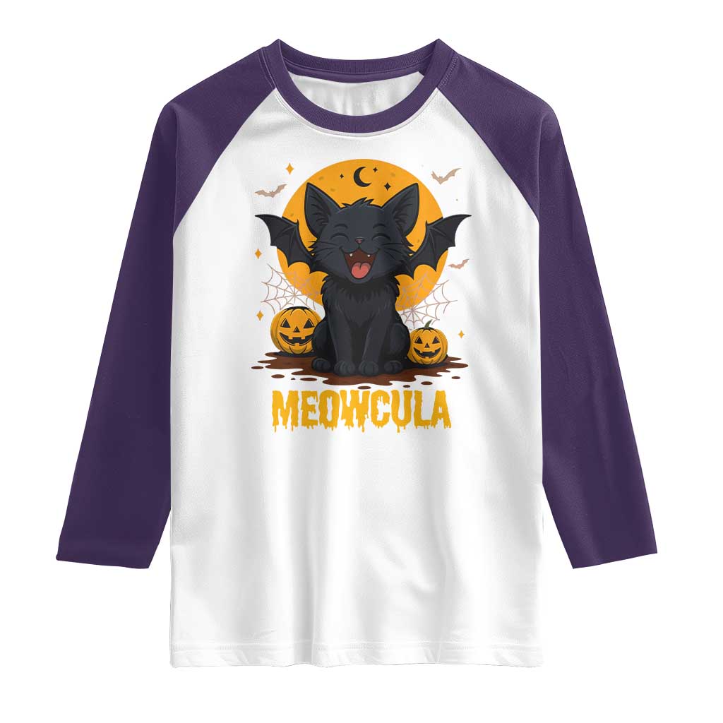 Black Cat Halloween Raglan Shirt Meowcula Cute Smilling With Bat - Wonder Print Shop