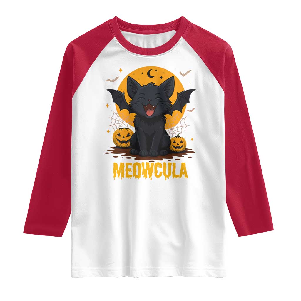 Black Cat Halloween Raglan Shirt Meowcula Cute Smilling With Bat - Wonder Print Shop