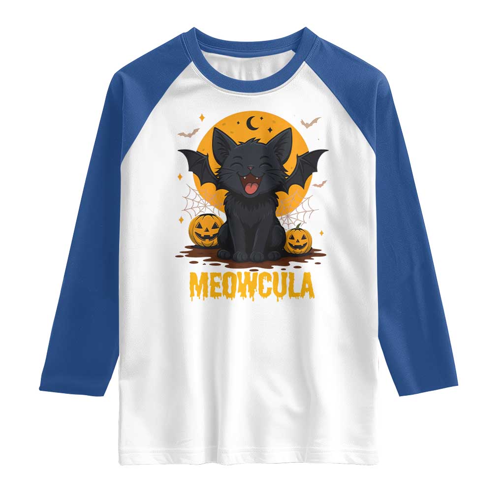 Black Cat Halloween Raglan Shirt Meowcula Cute Smilling With Bat - Wonder Print Shop