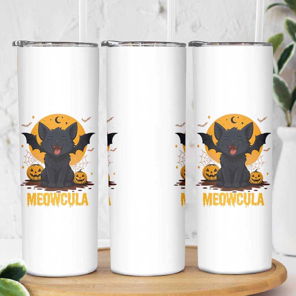 Black Cat Halloween Skinny Tumbler Meowcula Cute Smilling With Bat