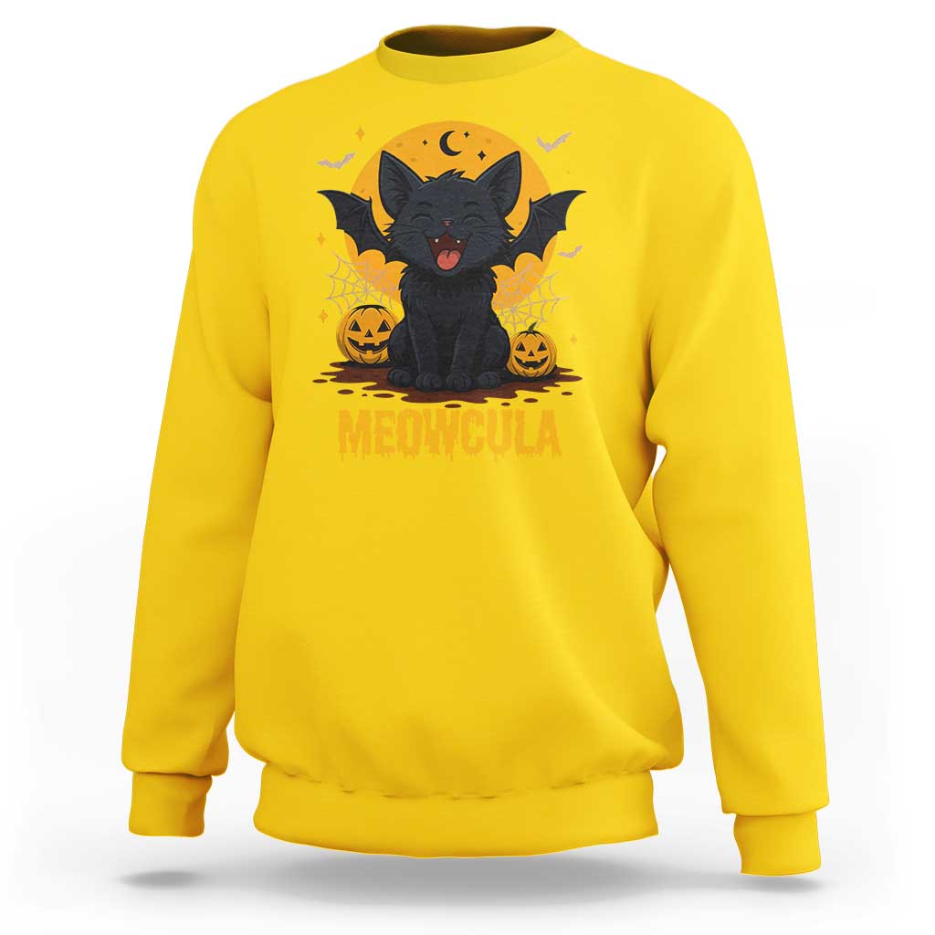 Black Cat Halloween Sweatshirt Meowcula Cute Smilling With Bat - Wonder Print Shop