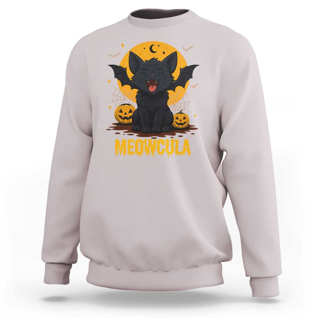 Black Cat Halloween Sweatshirt Meowcula Cute Smilling With Bat - Wonder Print Shop