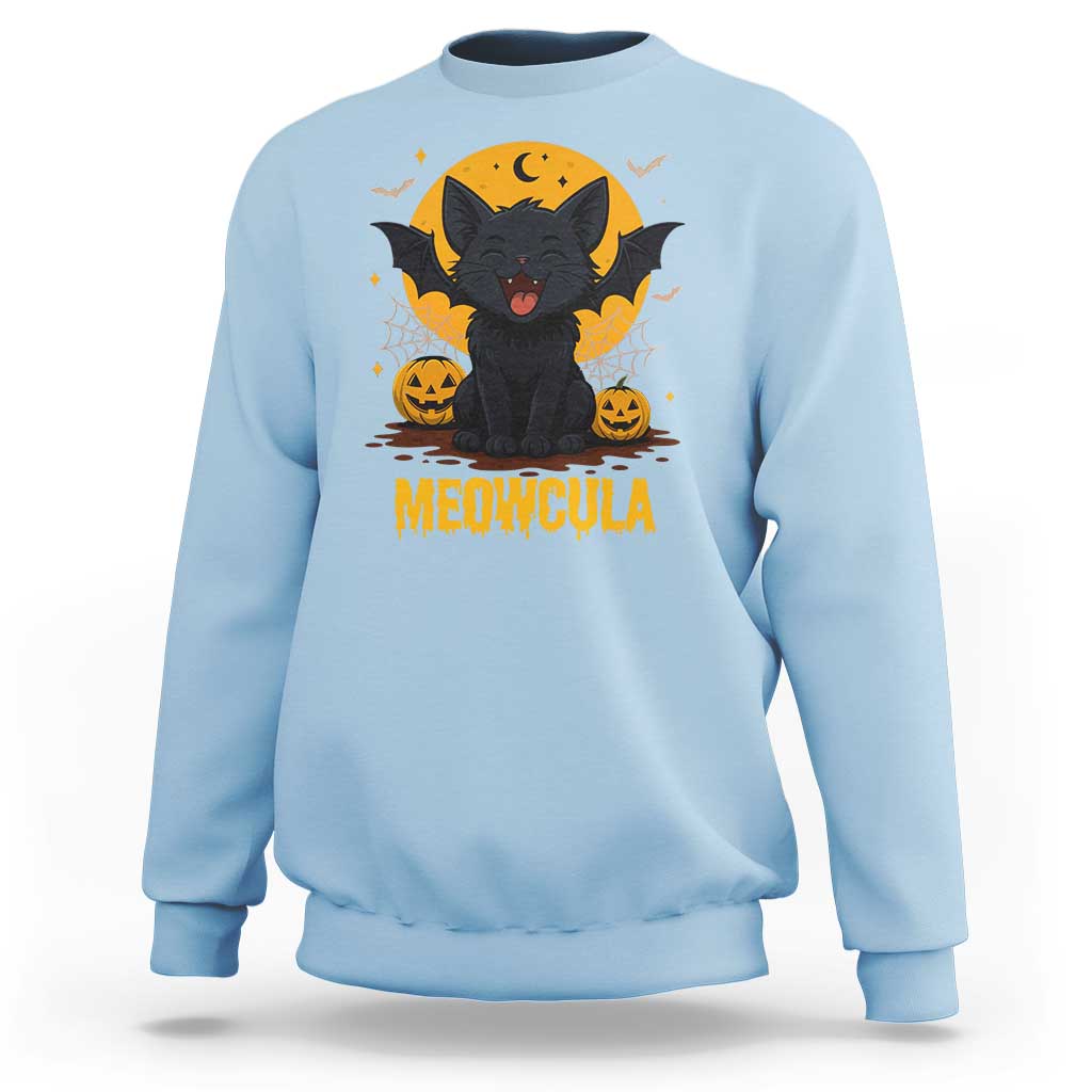 Black Cat Halloween Sweatshirt Meowcula Cute Smilling With Bat - Wonder Print Shop