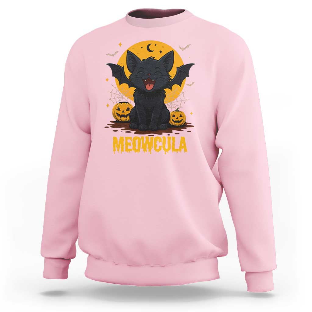 Black Cat Halloween Sweatshirt Meowcula Cute Smilling With Bat - Wonder Print Shop