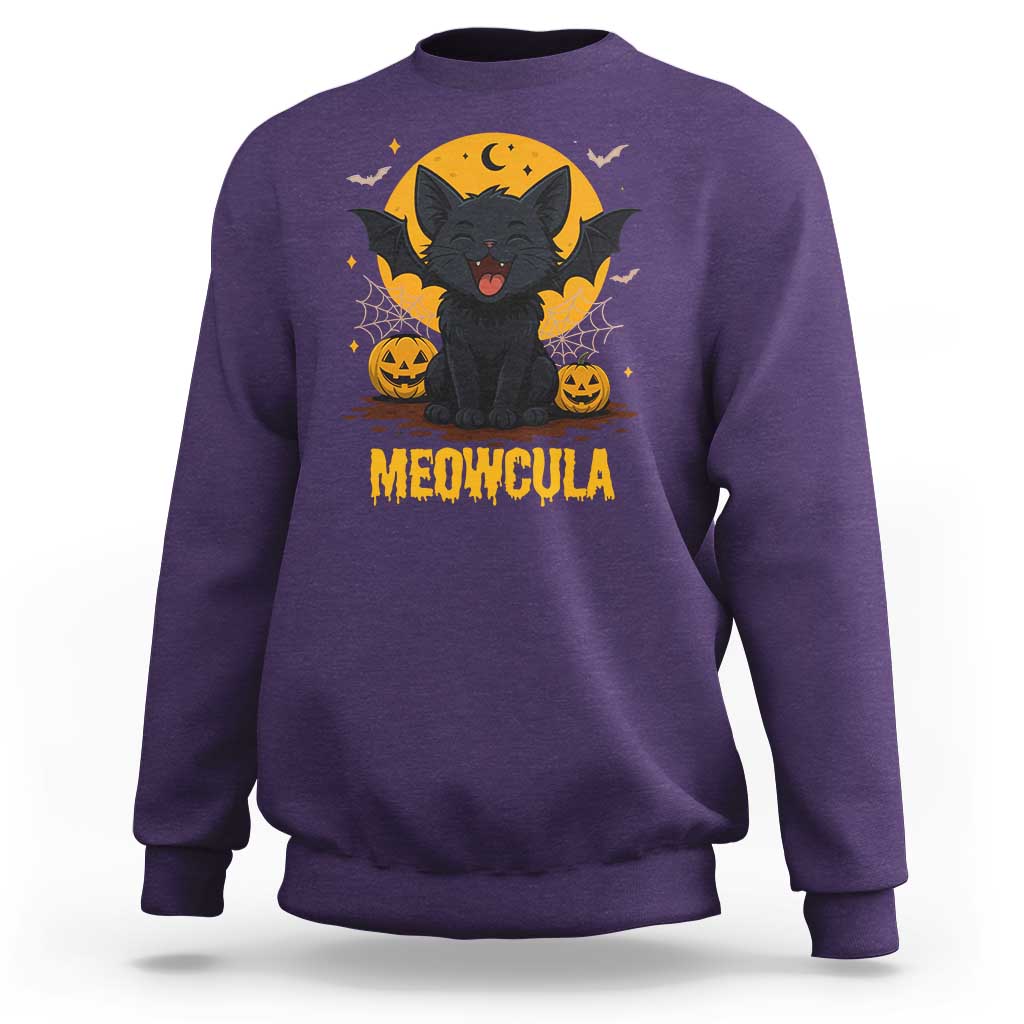 Black Cat Halloween Sweatshirt Meowcula Cute Smilling With Bat - Wonder Print Shop