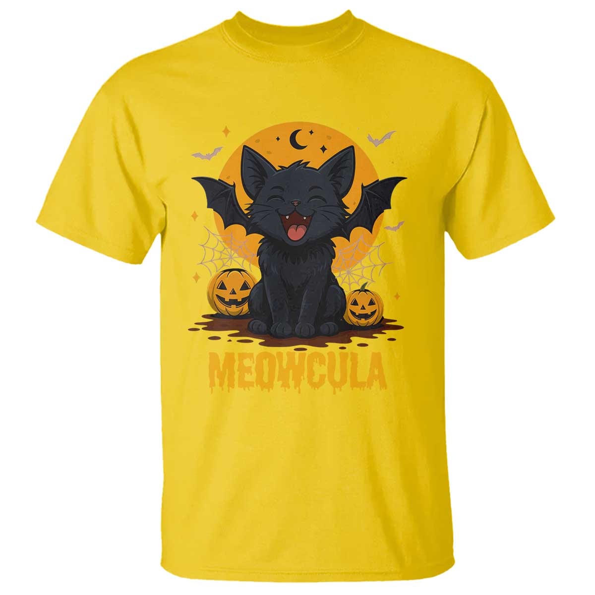 Black Cat Halloween T Shirt Meowcula Cute Smilling With Bat - Wonder Print Shop