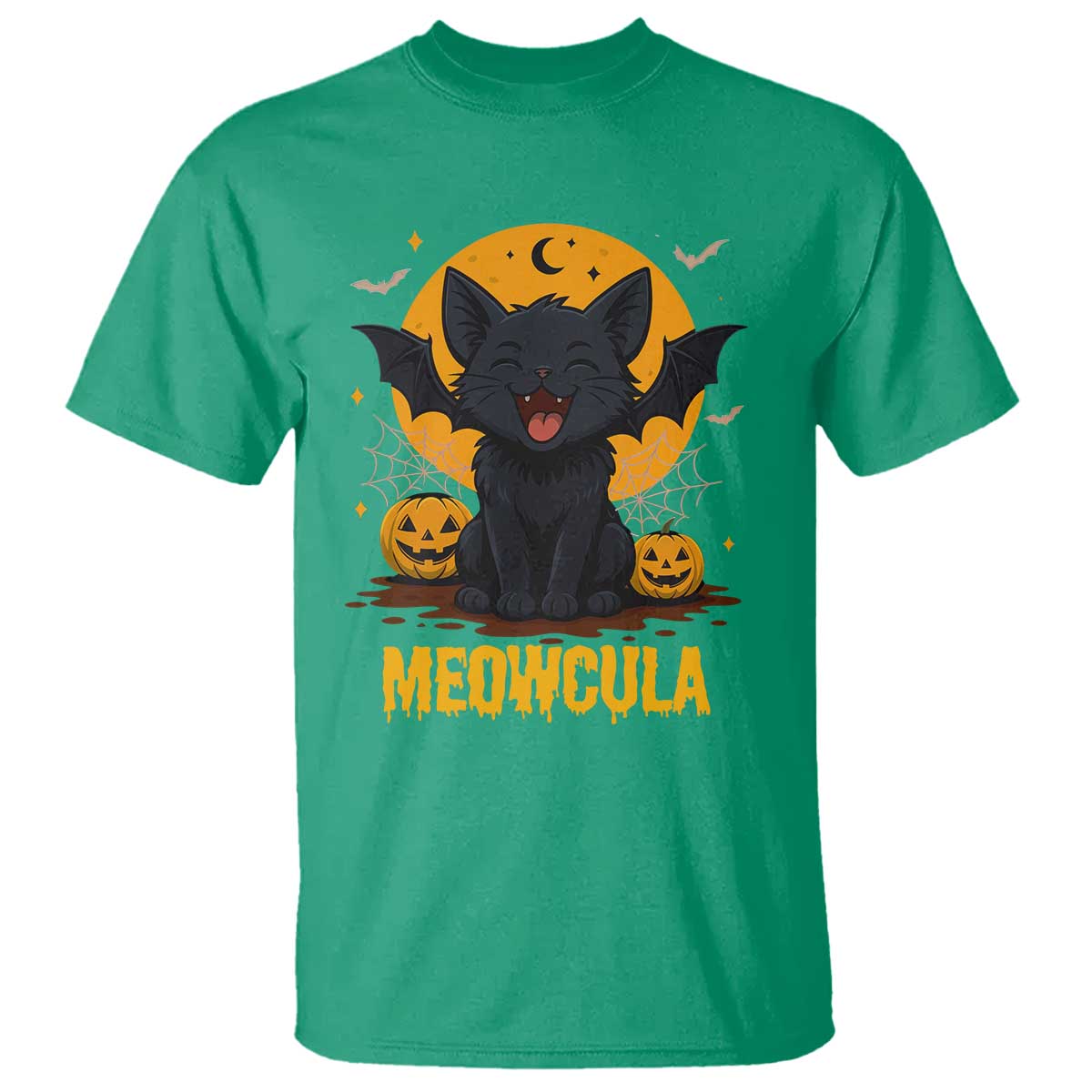 Black Cat Halloween T Shirt Meowcula Cute Smilling With Bat - Wonder Print Shop