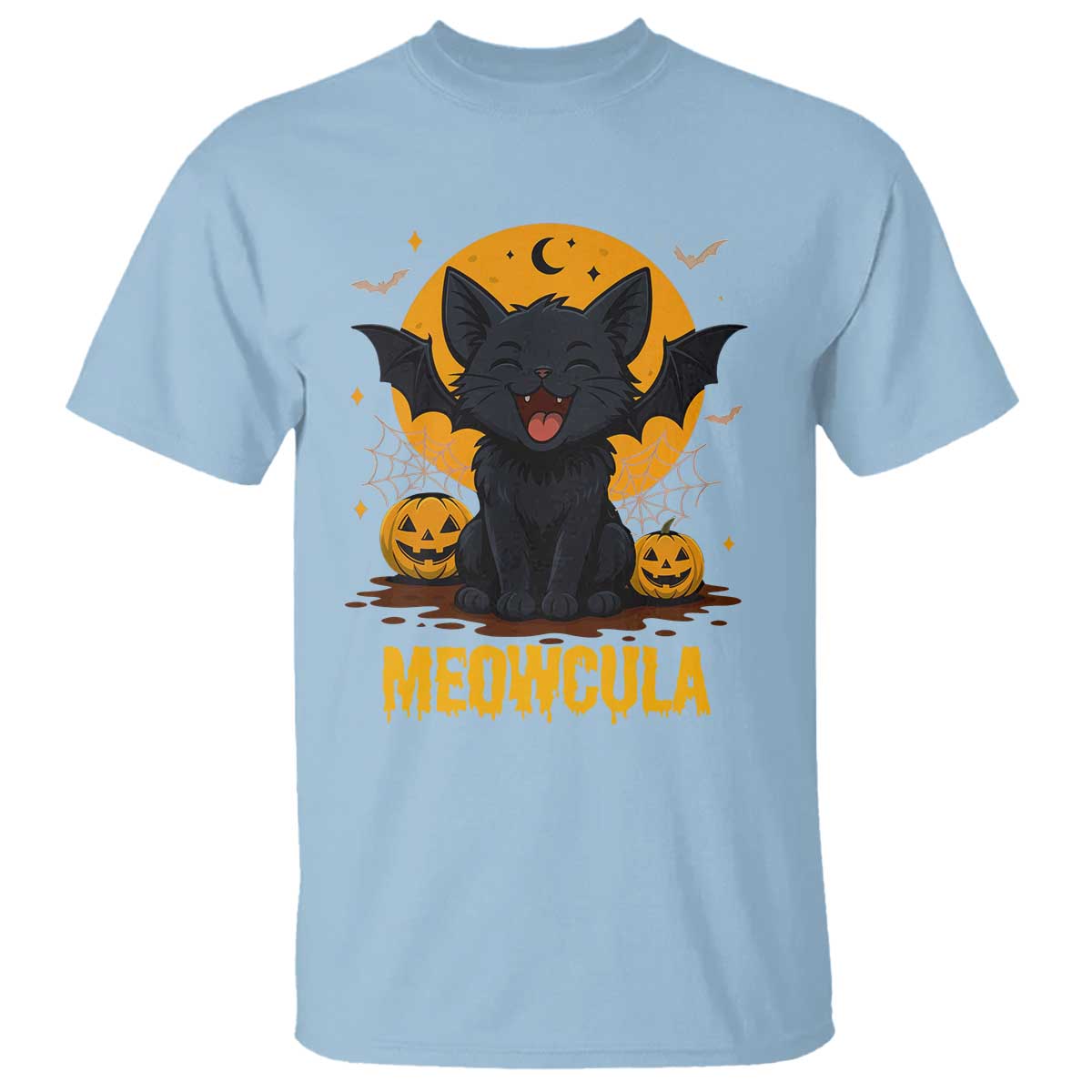 Black Cat Halloween T Shirt Meowcula Cute Smilling With Bat - Wonder Print Shop