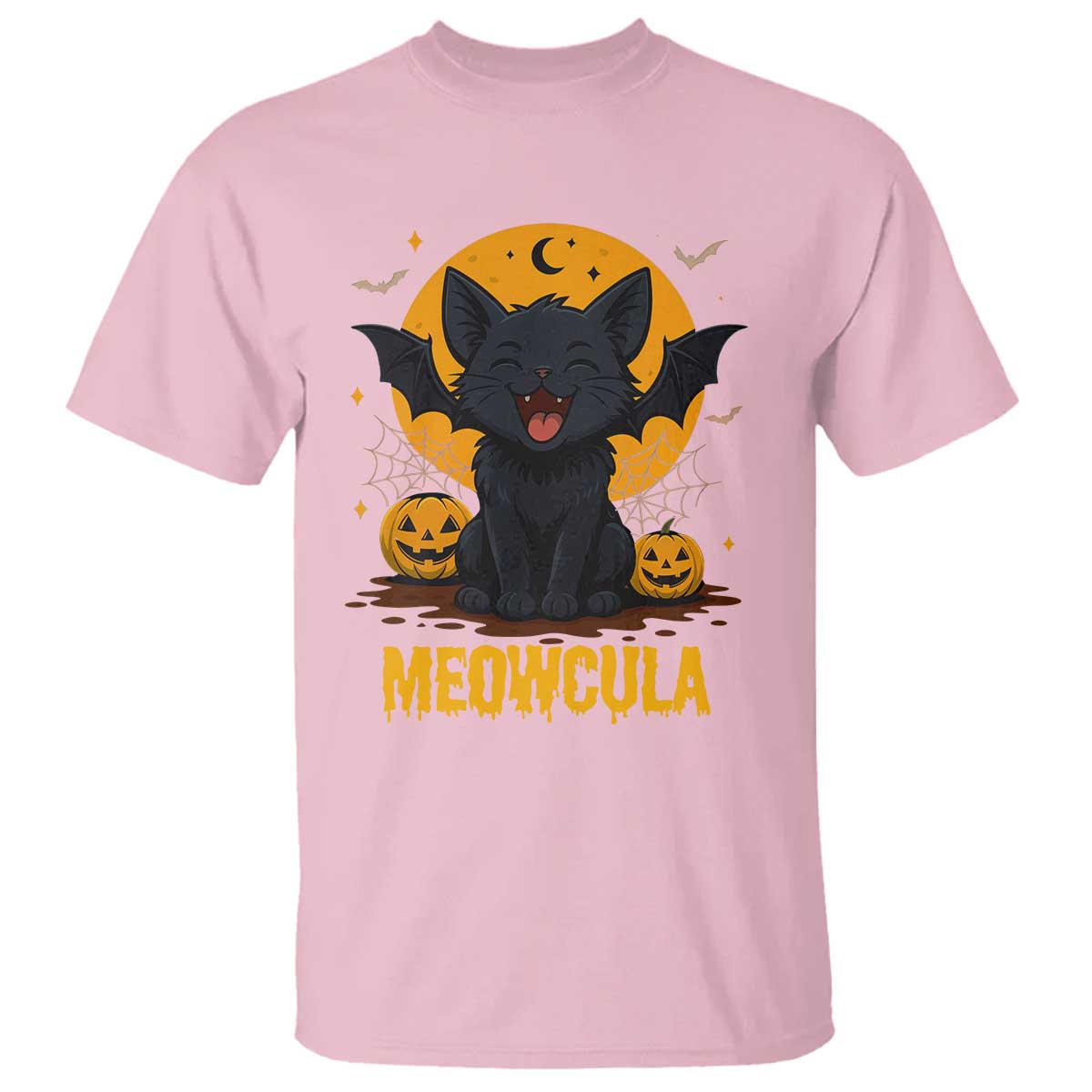 Black Cat Halloween T Shirt Meowcula Cute Smilling With Bat - Wonder Print Shop