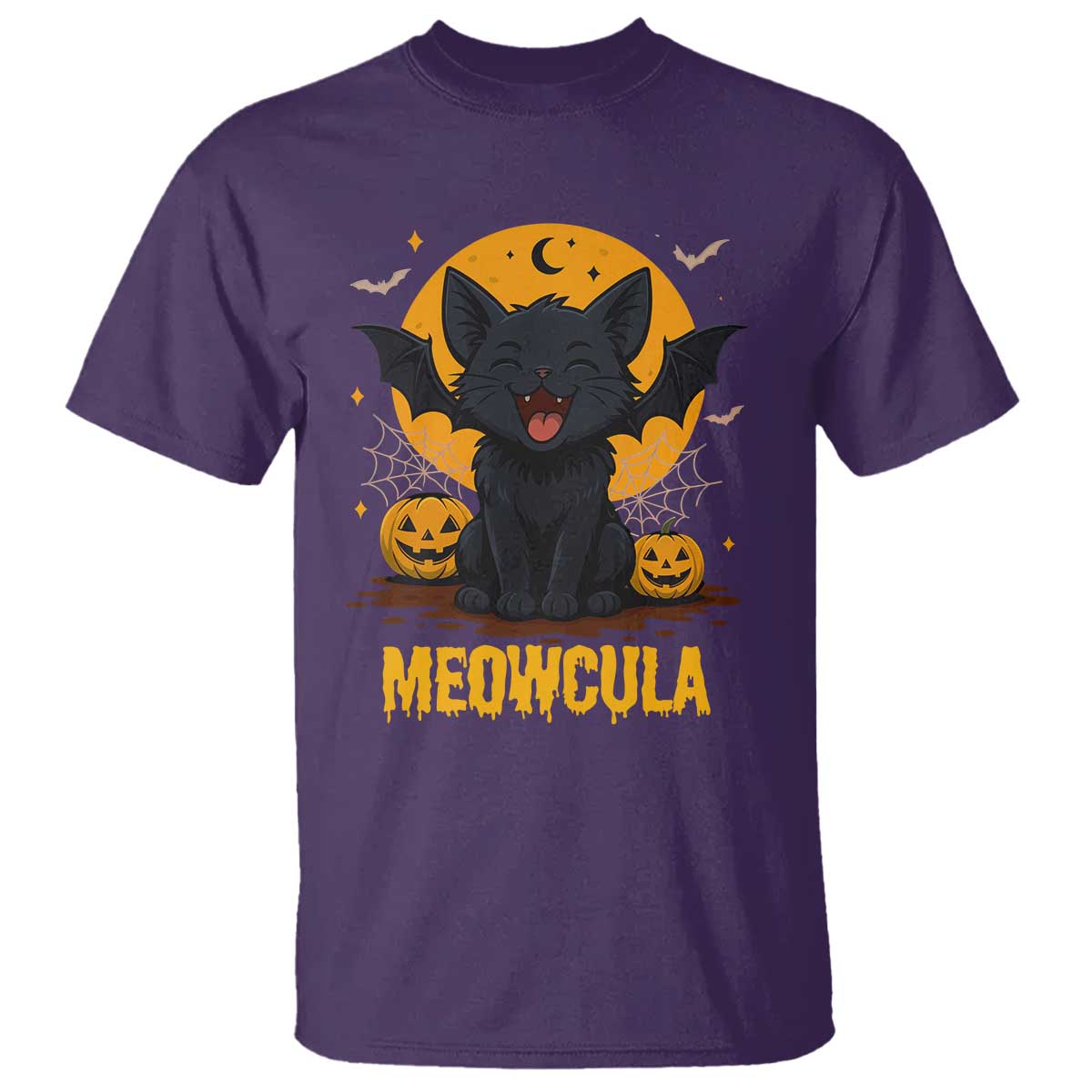 Black Cat Halloween T Shirt Meowcula Cute Smilling With Bat - Wonder Print Shop