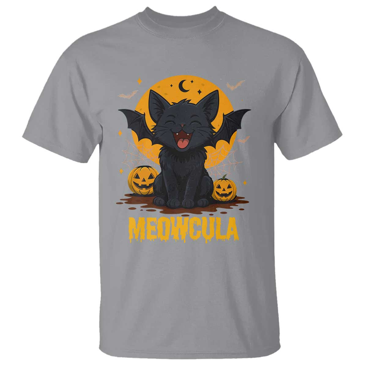 Black Cat Halloween T Shirt Meowcula Cute Smilling With Bat - Wonder Print Shop