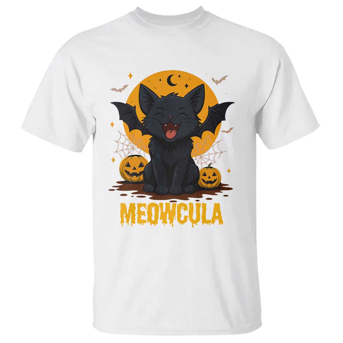 Black Cat Halloween T Shirt Meowcula Cute Smilling With Bat - Wonder Print Shop