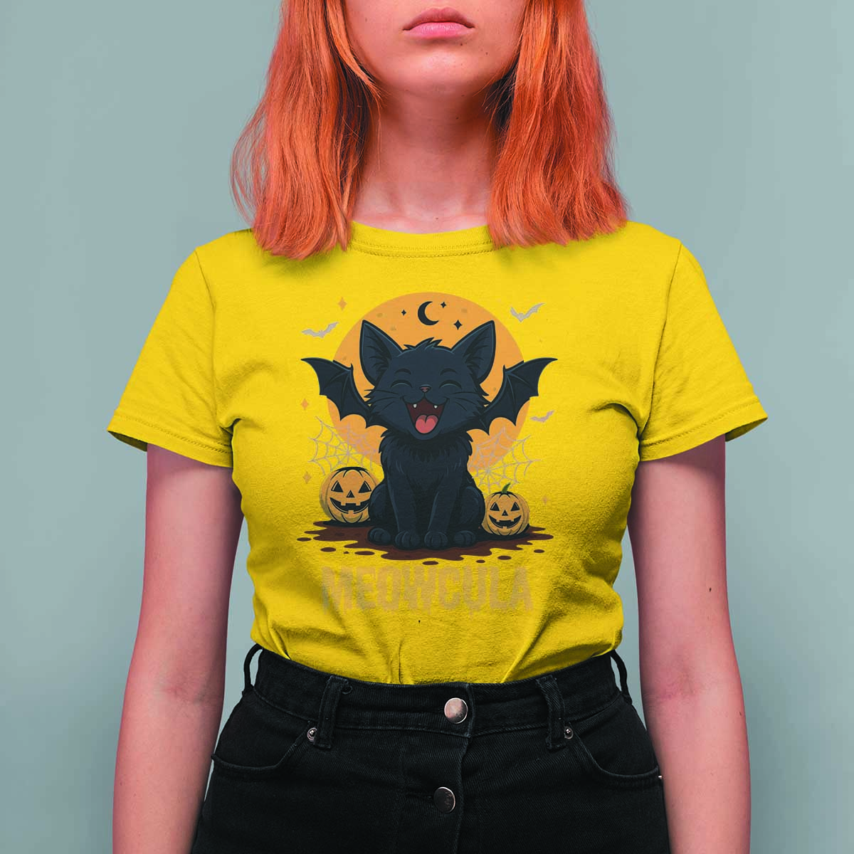 Black Cat Halloween T Shirt For Women Meowcula Cute Smilling With Bat - Wonder Print Shop