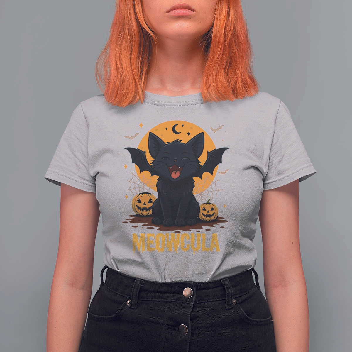 Black Cat Halloween T Shirt For Women Meowcula Cute Smilling With Bat - Wonder Print Shop