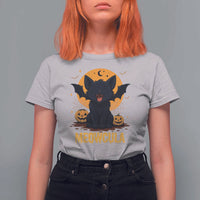 Black Cat Halloween T Shirt For Women Meowcula Cute Smilling With Bat - Wonder Print Shop