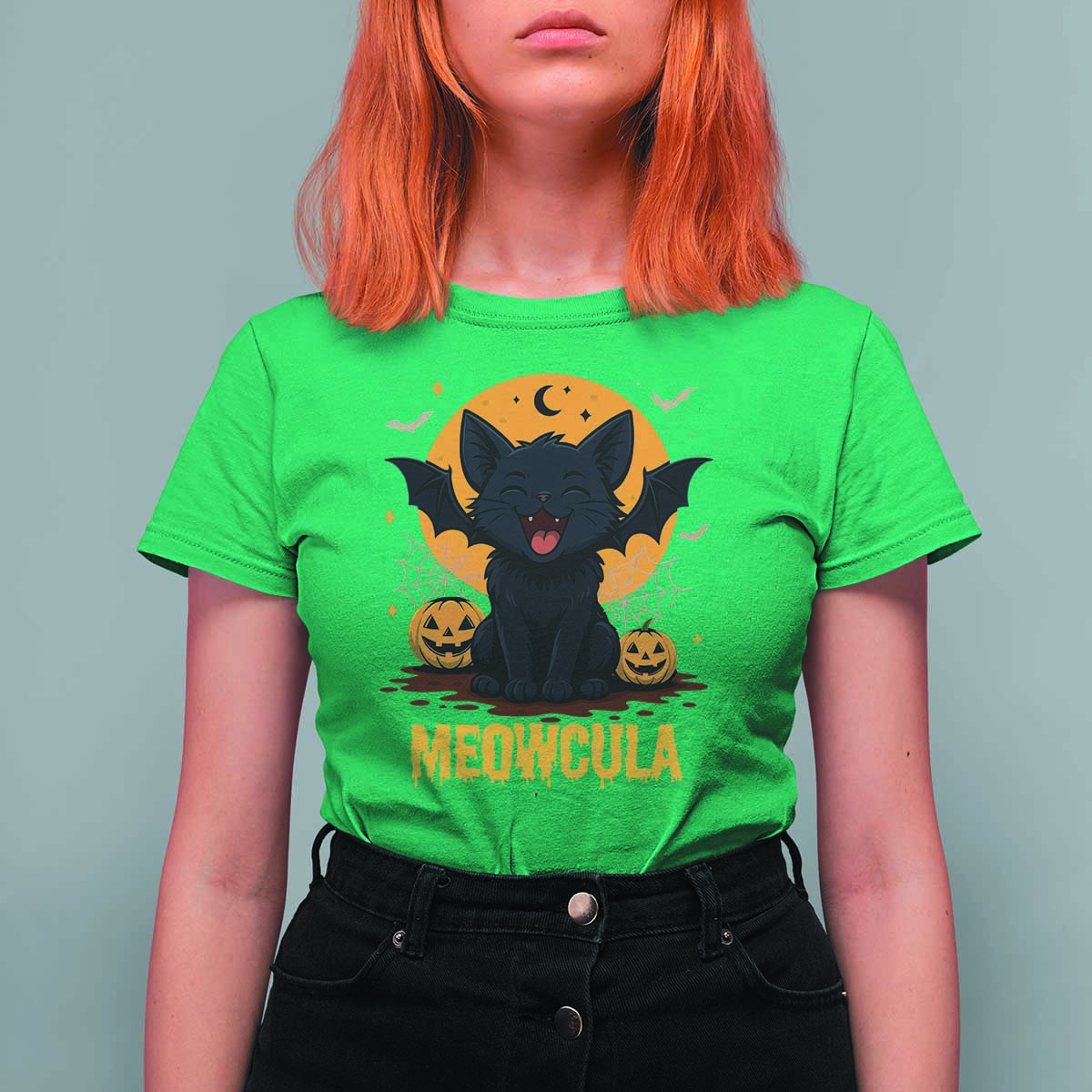 Black Cat Halloween T Shirt For Women Meowcula Cute Smilling With Bat - Wonder Print Shop