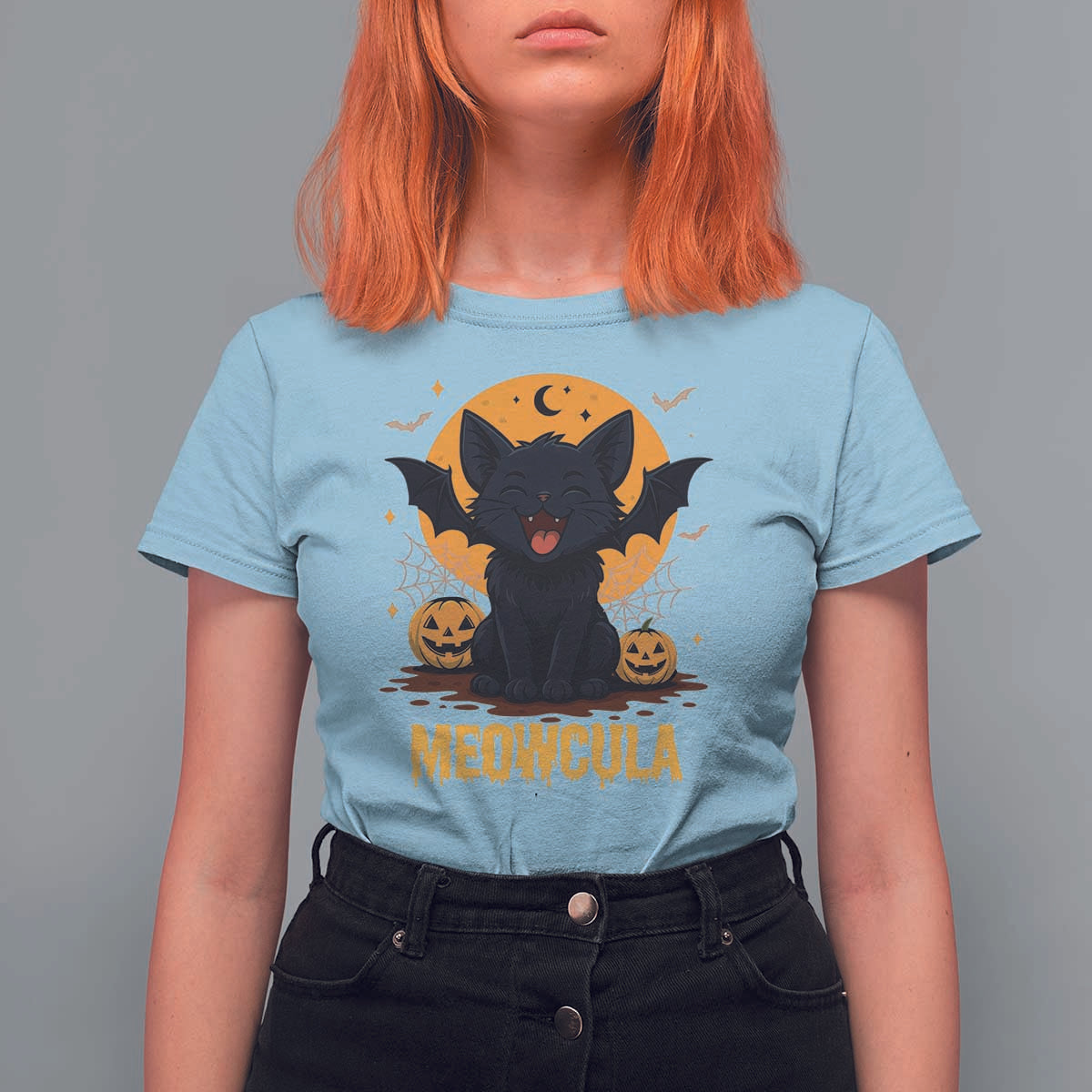 Black Cat Halloween T Shirt For Women Meowcula Cute Smilling With Bat - Wonder Print Shop