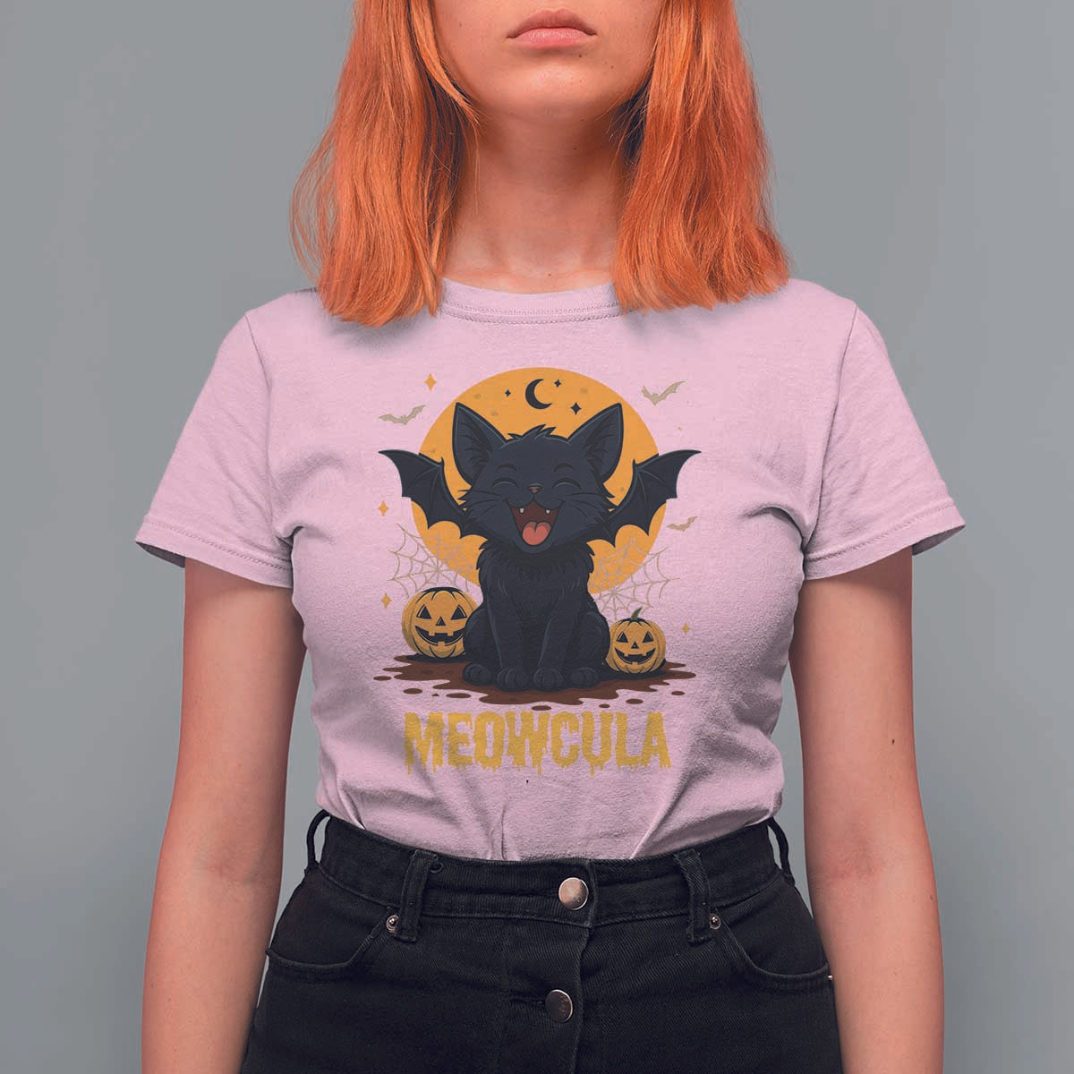 Black Cat Halloween T Shirt For Women Meowcula Cute Smilling With Bat - Wonder Print Shop