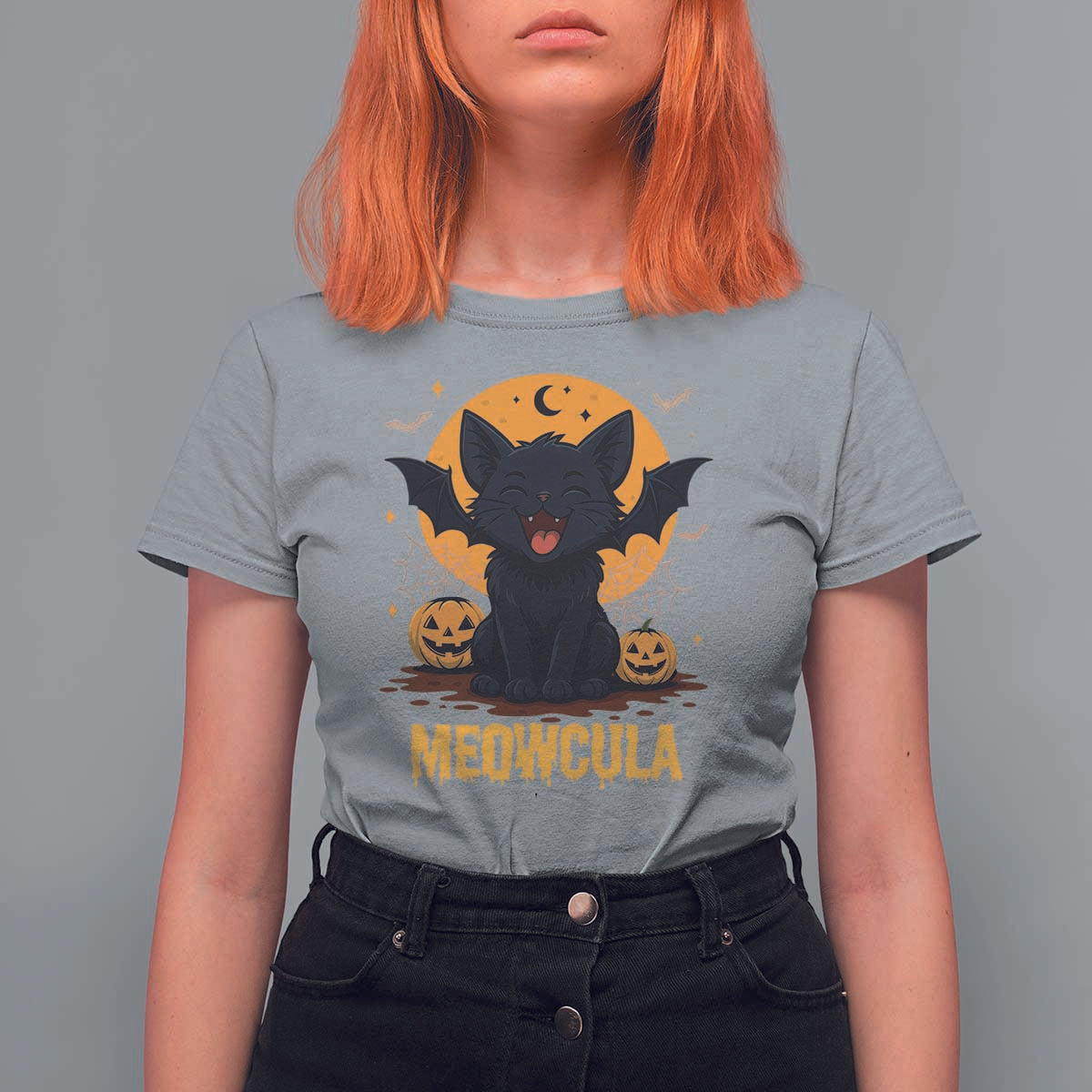 Black Cat Halloween T Shirt For Women Meowcula Cute Smilling With Bat - Wonder Print Shop