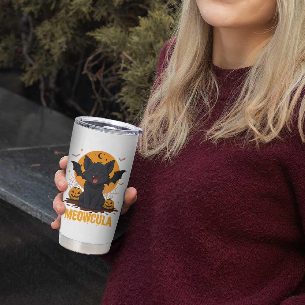 Black Cat Halloween Tumbler Cup Meowcula Cute Smilling With Bat