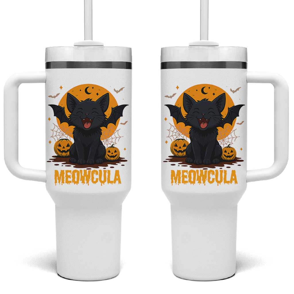 Black Cat Halloween Tumbler With Handle Meowcula Cute Smilling With Bat