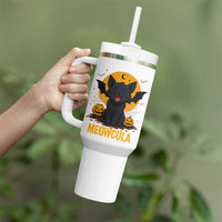 Black Cat Halloween Tumbler With Handle Meowcula Cute Smilling With Bat