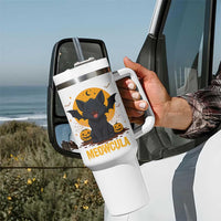 Black Cat Halloween Tumbler With Handle Meowcula Cute Smilling With Bat