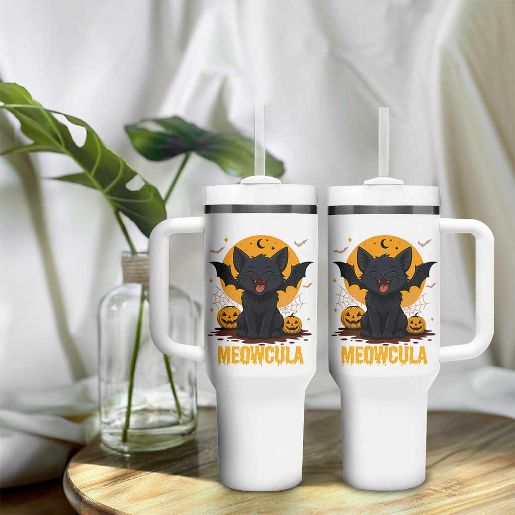 Black Cat Halloween Tumbler With Handle Meowcula Cute Smilling With Bat