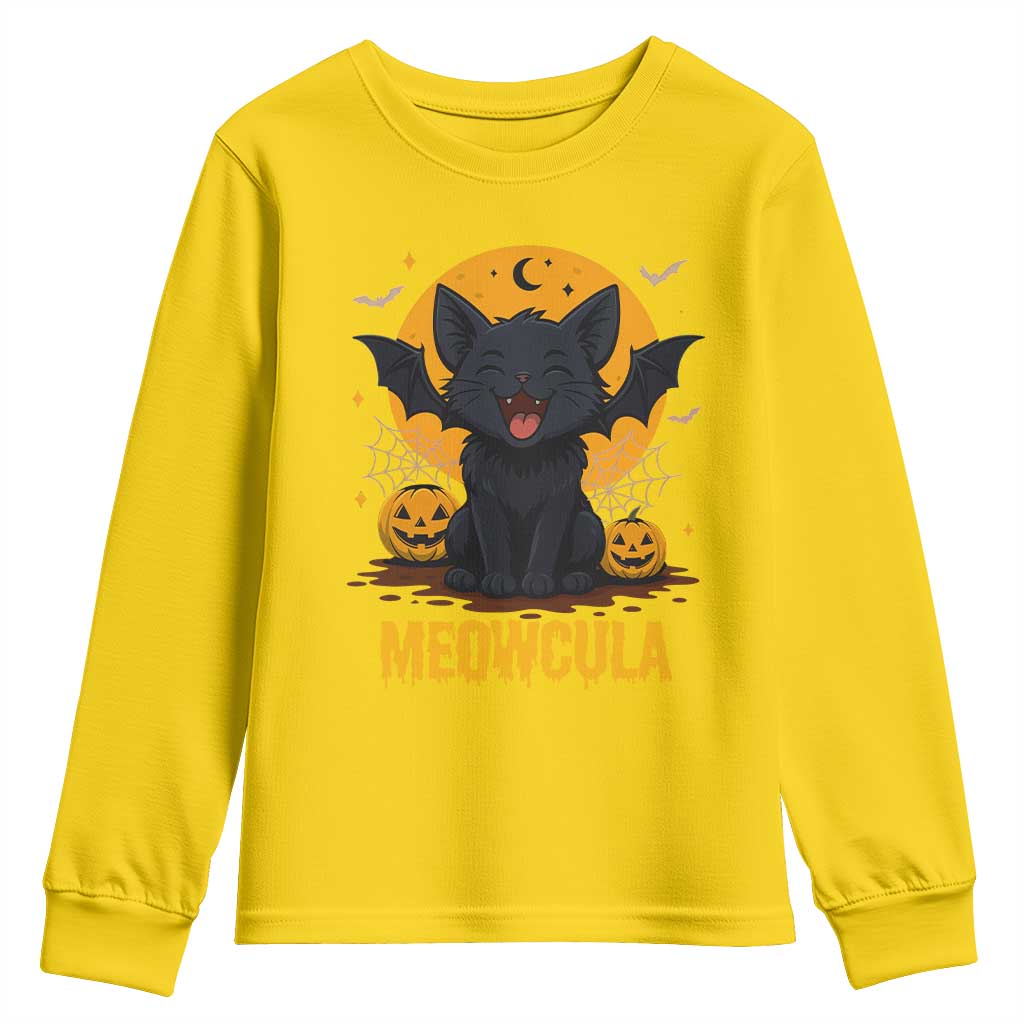 Black Cat Halloween Youth Sweatshirt Meowcula Cute Smilling With Bat - Wonder Print Shop