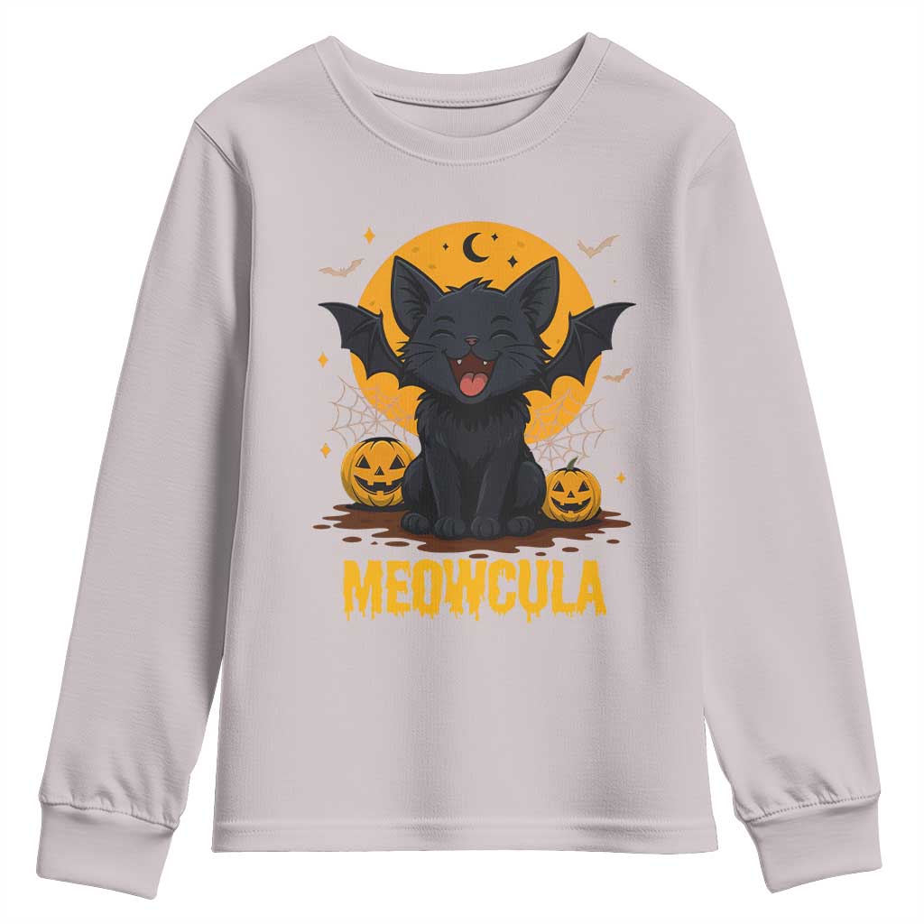 Black Cat Halloween Youth Sweatshirt Meowcula Cute Smilling With Bat - Wonder Print Shop