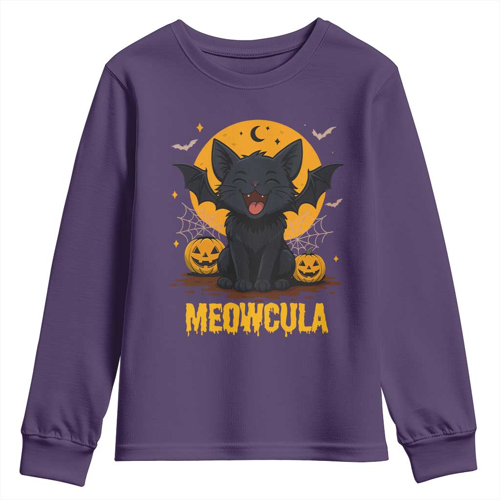 Black Cat Halloween Youth Sweatshirt Meowcula Cute Smilling With Bat - Wonder Print Shop