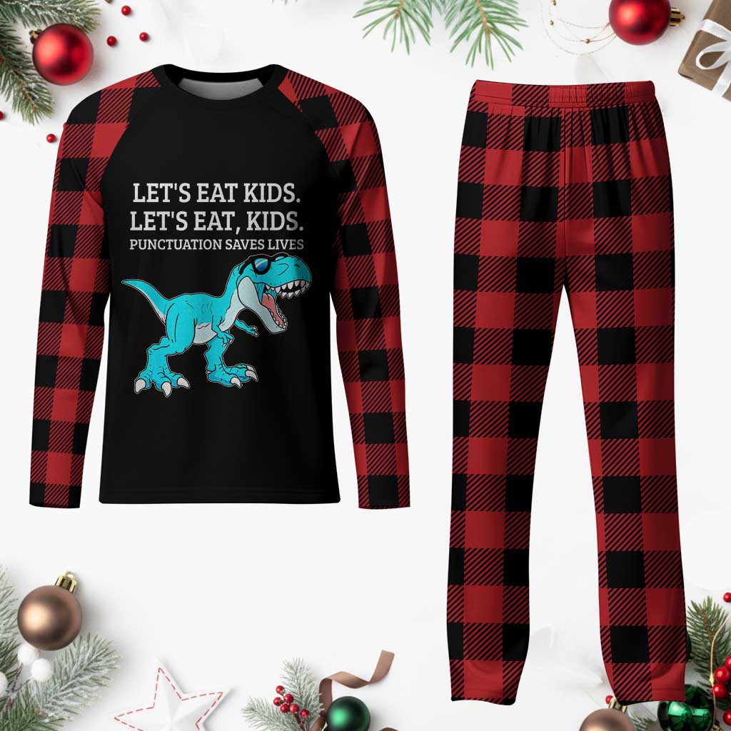 Lets Eat Kids Punctuation Saves Lives Plaid Pajama Set Dinosaur Funny Grammar - Wonder Print Shop