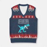 Lets Eat Kids Punctuation Saves Lives V-Neck Knit Sweater Vest Dinosaur Funny Grammar - Wonder Print Shop