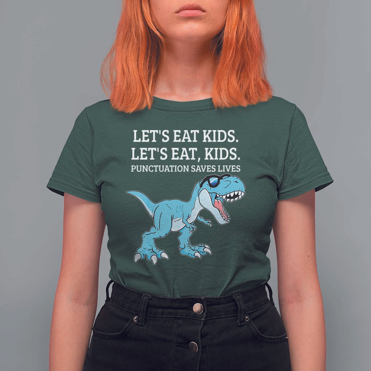 Lets Eat Kids Punctuation Saves Lives T Shirt For Women Dinosaur Funny Grammar - Wonder Print Shop