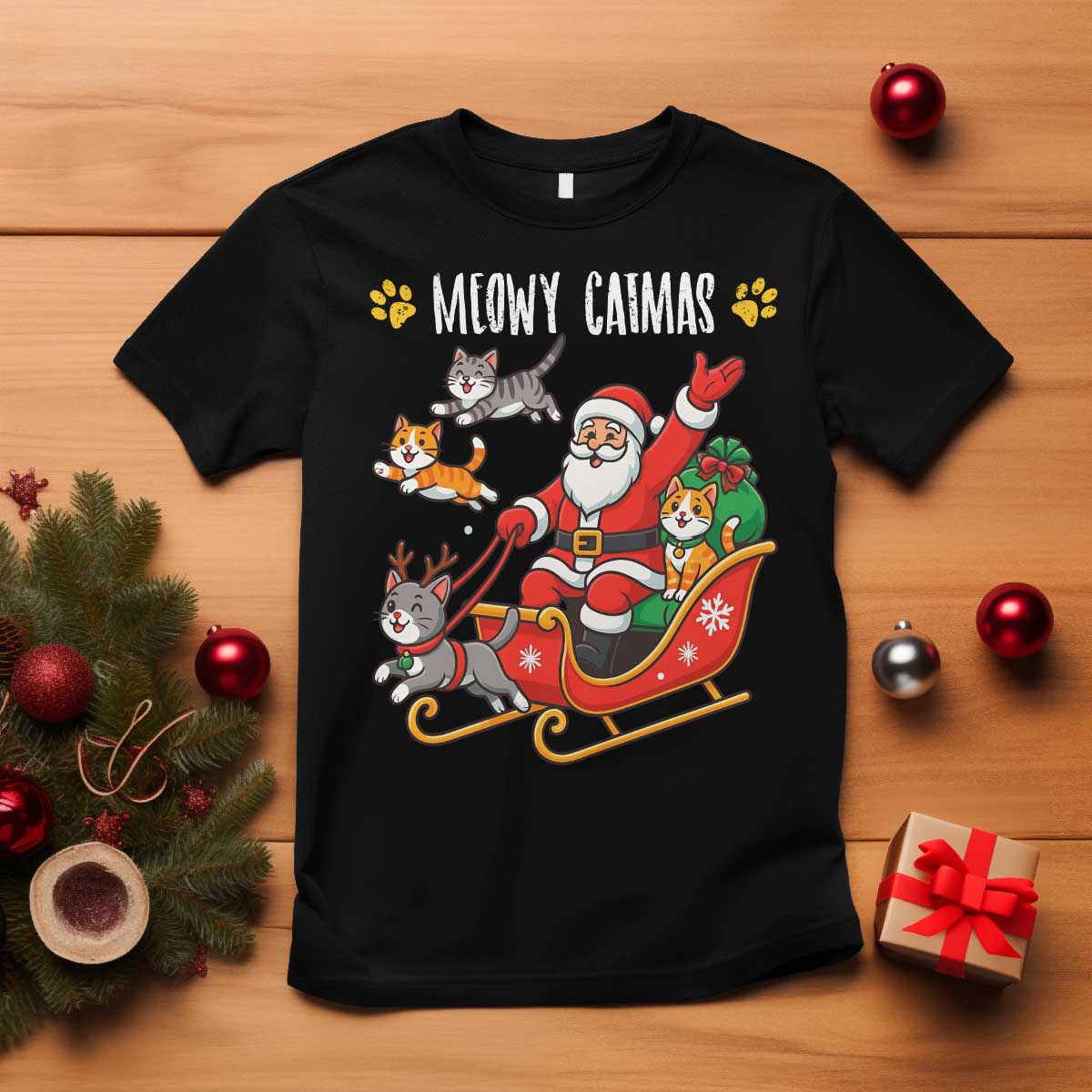 Funny Christmas Cat T Shirt Meowy Catmas Santa Sleigh Xmas - Wonder Print Shop