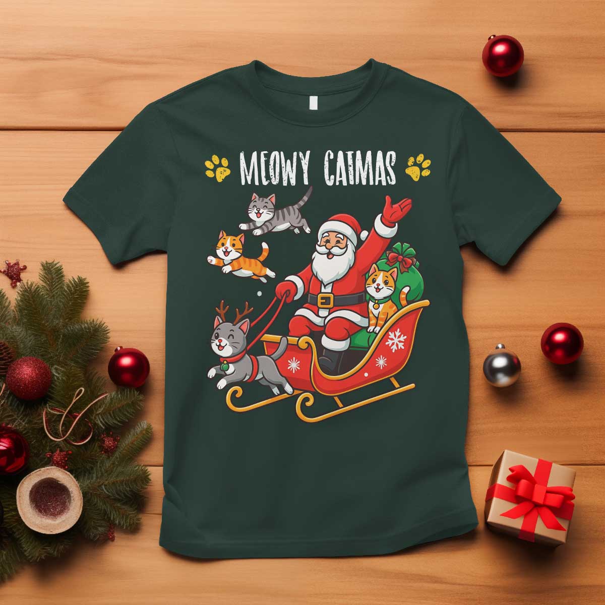 Funny Christmas Cat T Shirt Meowy Catmas Santa Sleigh Xmas - Wonder Print Shop