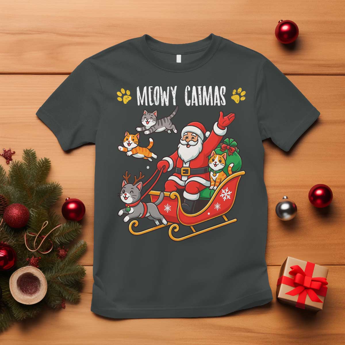 Funny Christmas Cat T Shirt Meowy Catmas Santa Sleigh Xmas - Wonder Print Shop