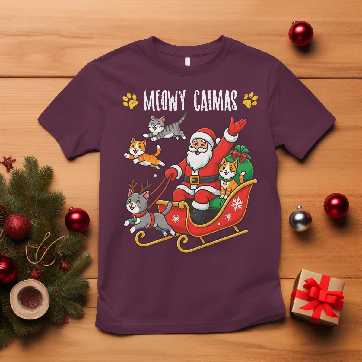 Funny Christmas Cat T Shirt Meowy Catmas Santa Sleigh Xmas - Wonder Print Shop