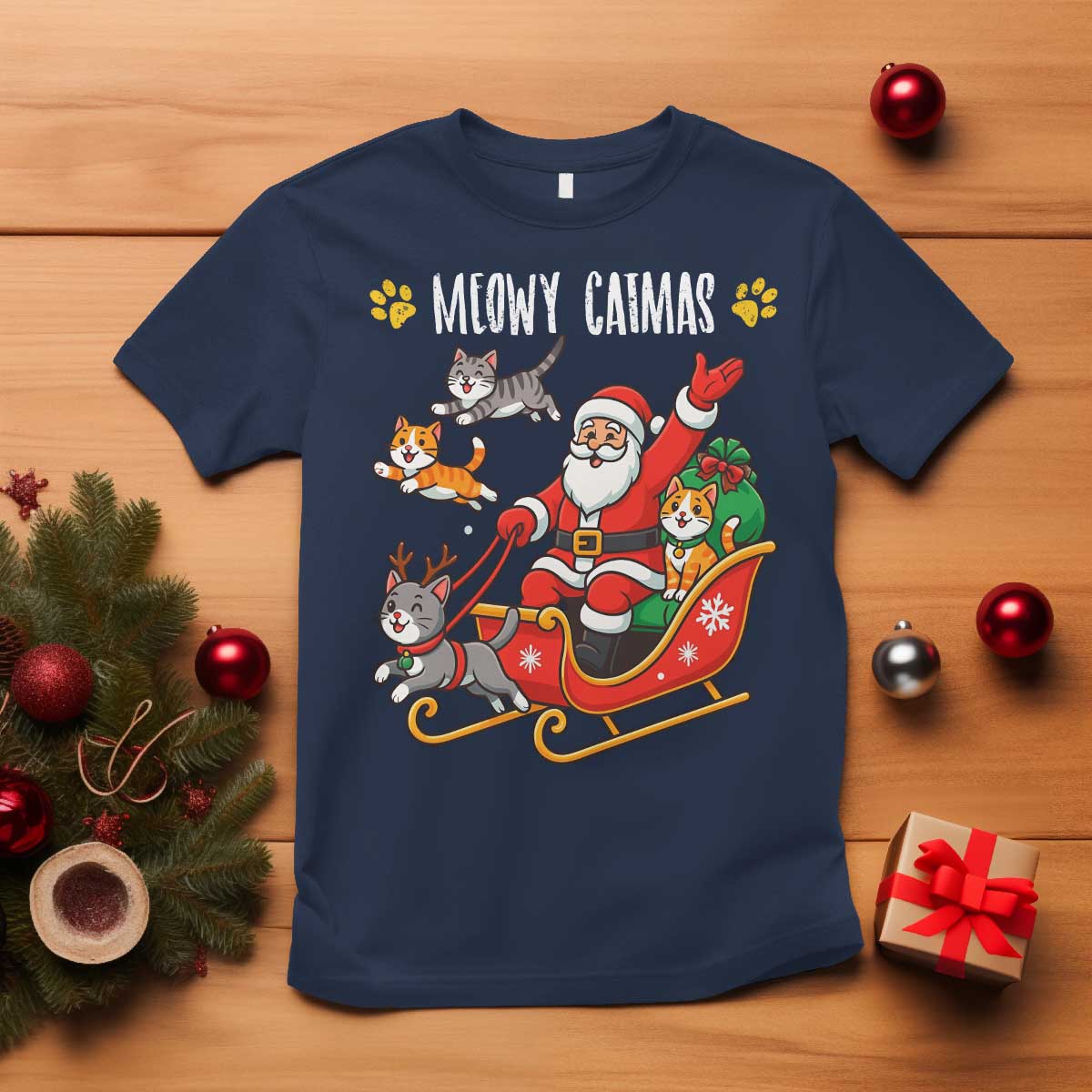 Funny Christmas Cat T Shirt Meowy Catmas Santa Sleigh Xmas - Wonder Print Shop