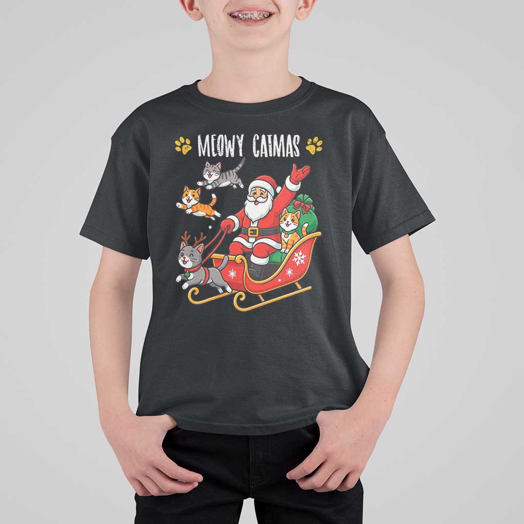 Funny Christmas Cat T Shirt For Kid Meowy Catmas Santa Sleigh Xmas - Wonder Print Shop