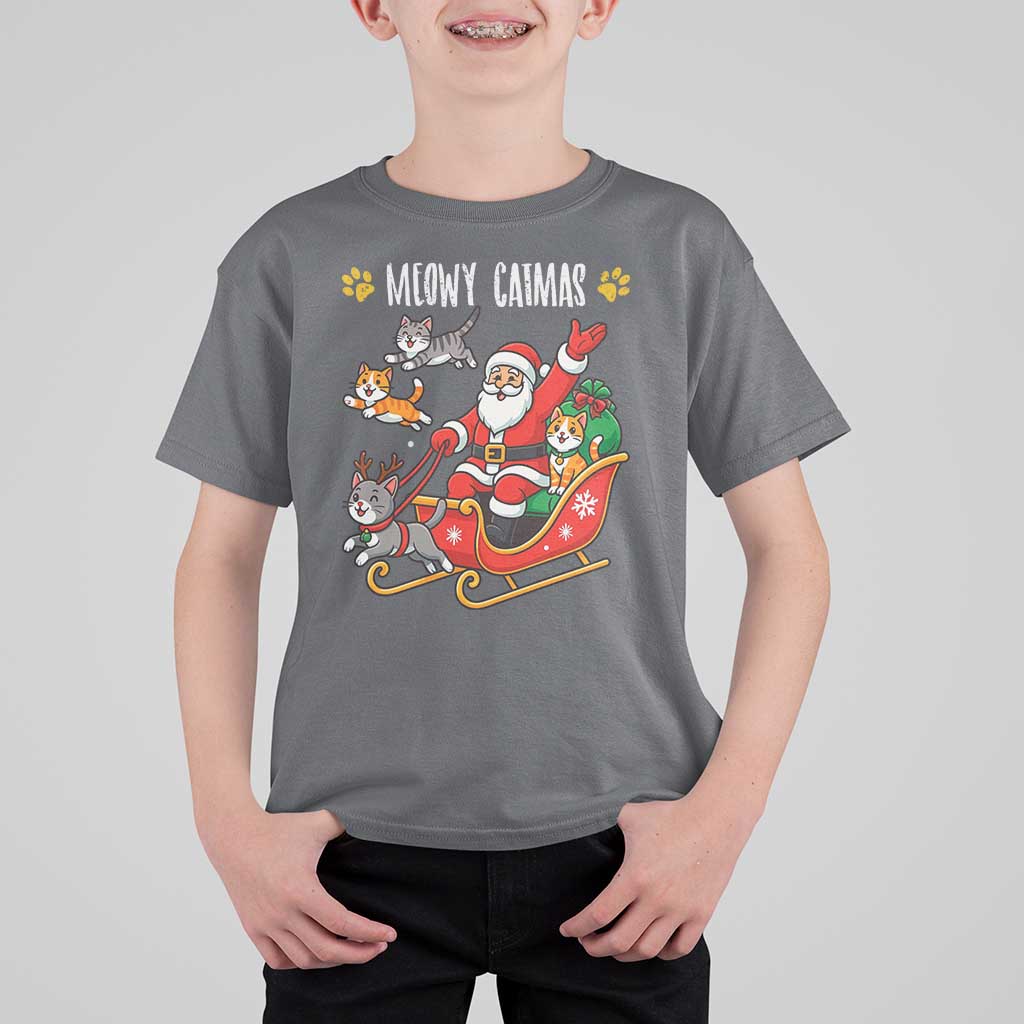 Funny Christmas Cat T Shirt For Kid Meowy Catmas Santa Sleigh Xmas - Wonder Print Shop