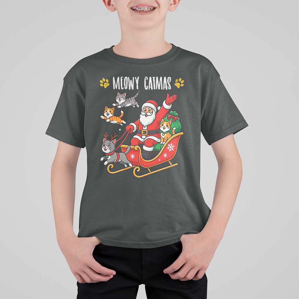 Funny Christmas Cat T Shirt For Kid Meowy Catmas Santa Sleigh Xmas - Wonder Print Shop